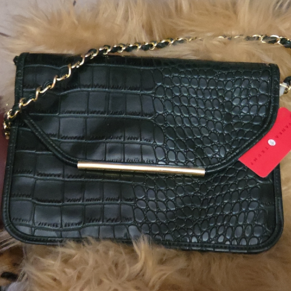 Ivanka Trump Black Croc-Embossed Chain Crossbody Bag